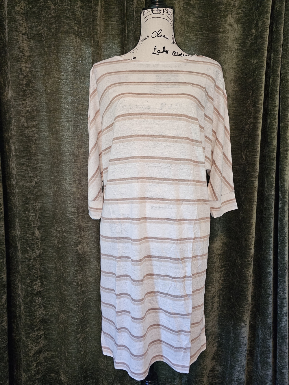 Garnet Hill Organic Linen Striped Knit Shift Dress in White and Light Brown, XL